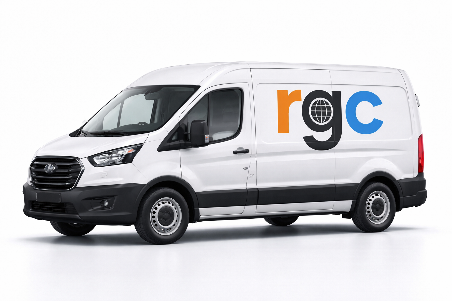 White RGC Shipping transport van featuring the colorful company logo.