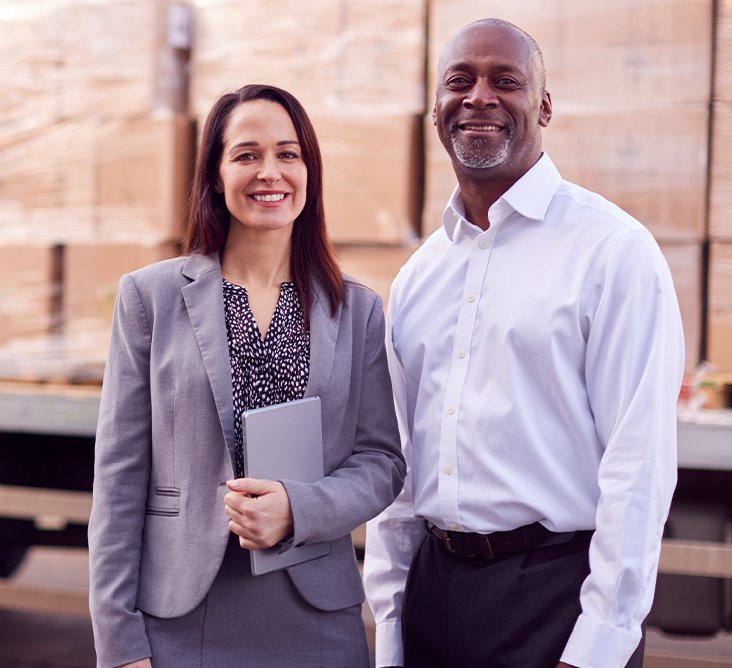 Professional logistics managers standing in front of shipping containers RGC Shipping.