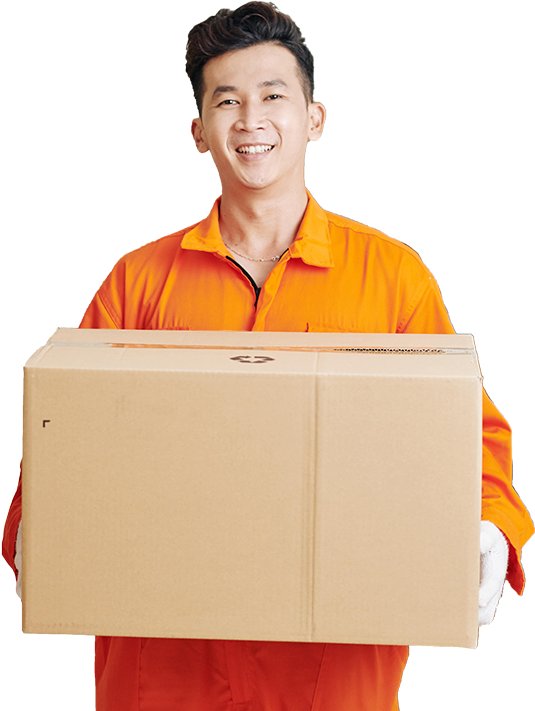 Smiling delivery professional holding a large cardboard box RGC Shipping